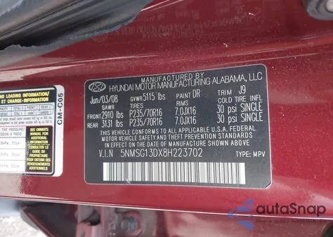 2008 Hyundai Santa Fe Gls z USA, uszkodzony, nr VIN 5NMSG13DX8H223702